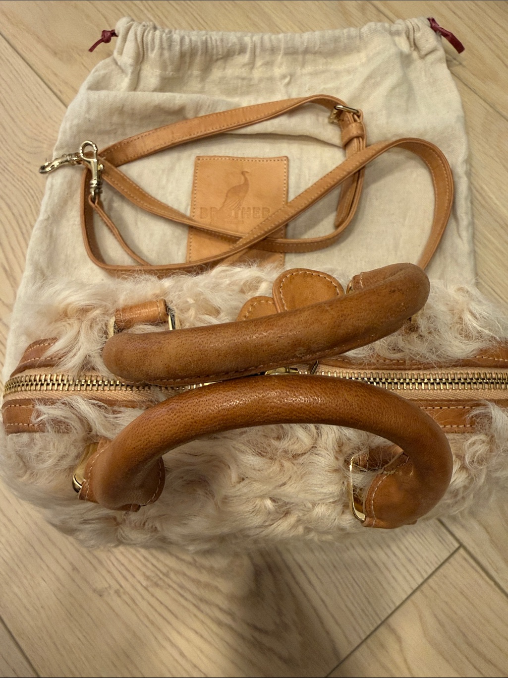 Brother Vellies Shearling Satchel Bag In Light Beige With Tan Trim — image 5 of 8